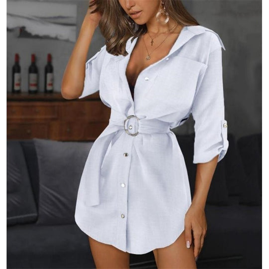 Damen Kurzarmhemd-Kleid mit Gürtel und hochwertigem Stoff EB