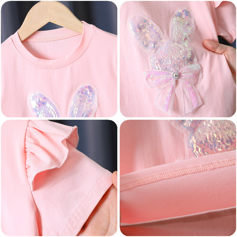Mädchen T-Shirt mit aufgesticktem Häschen und Rüschendetails EB