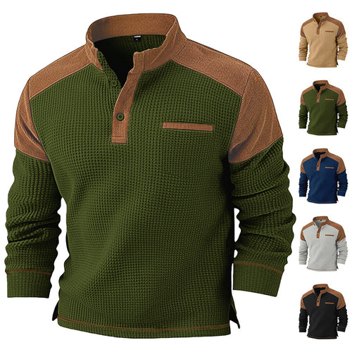 Herren nan Waffelstrick-Henley mit Stehkragen, Cord-Schulterpasse und Brustpaspel EB