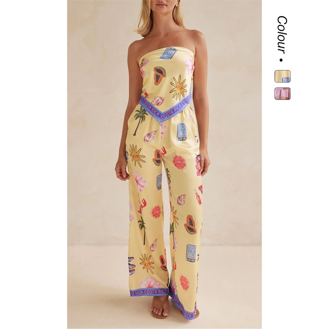 Damen Jumpsuit mit verspielten tropischen Mustern und elastischem Oberteil EB