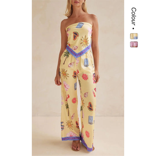 Damen Jumpsuit mit verspielten tropischen Mustern und elastischem Oberteil EB