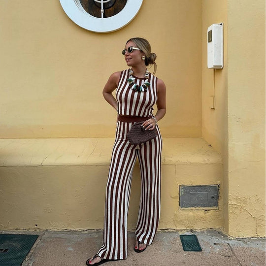 Damen lässiger Jumpsuit mit gestreiftem Design und hohem Bund EB