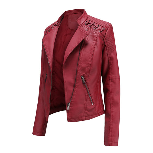 Damen nan taillierte Kunstleder-Bikerjacke mit gesteppter Schulterpartie, asymmetrischem Reißverschluss und Zierösen EB
