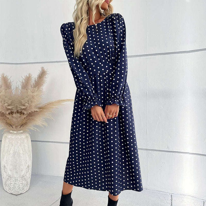 Damen Midi-Kleid mit eleganten Puffärmeln und punktiertem Design EB