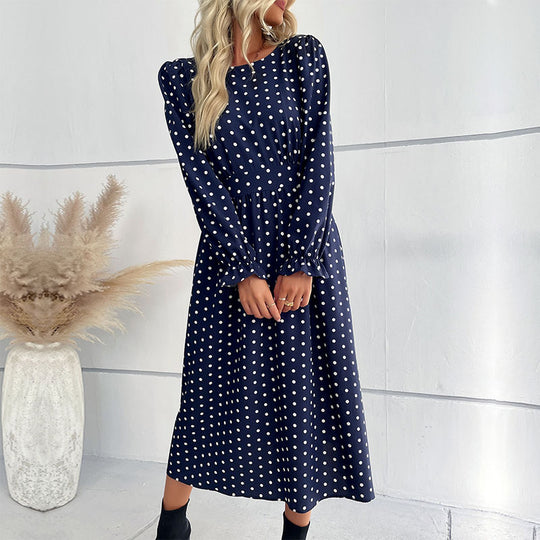Damen Midi-Kleid mit eleganten Puffärmeln und punktiertem Design EB