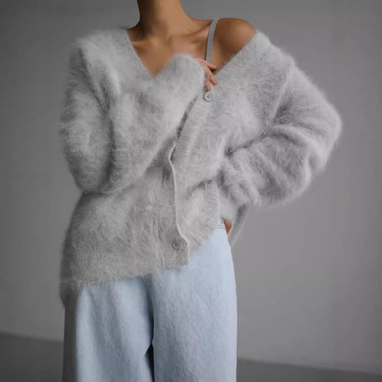 Damen weicher Strickcardigan mit luxuriösem Mohair-Anteil und lässigem Schnitt EB