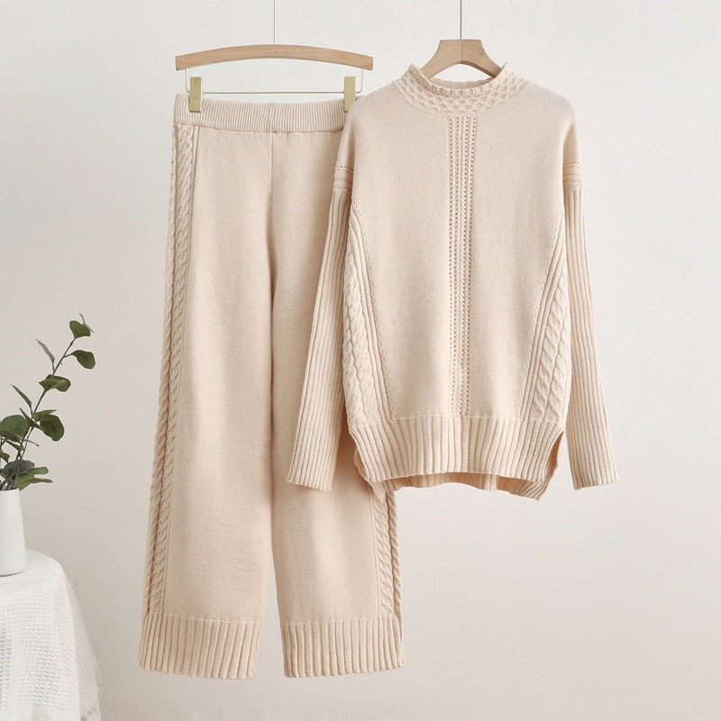 Damen komfortables Strick-Loungewear-Set mit hohen Bündchen und dekorativen Zopfmustern EB