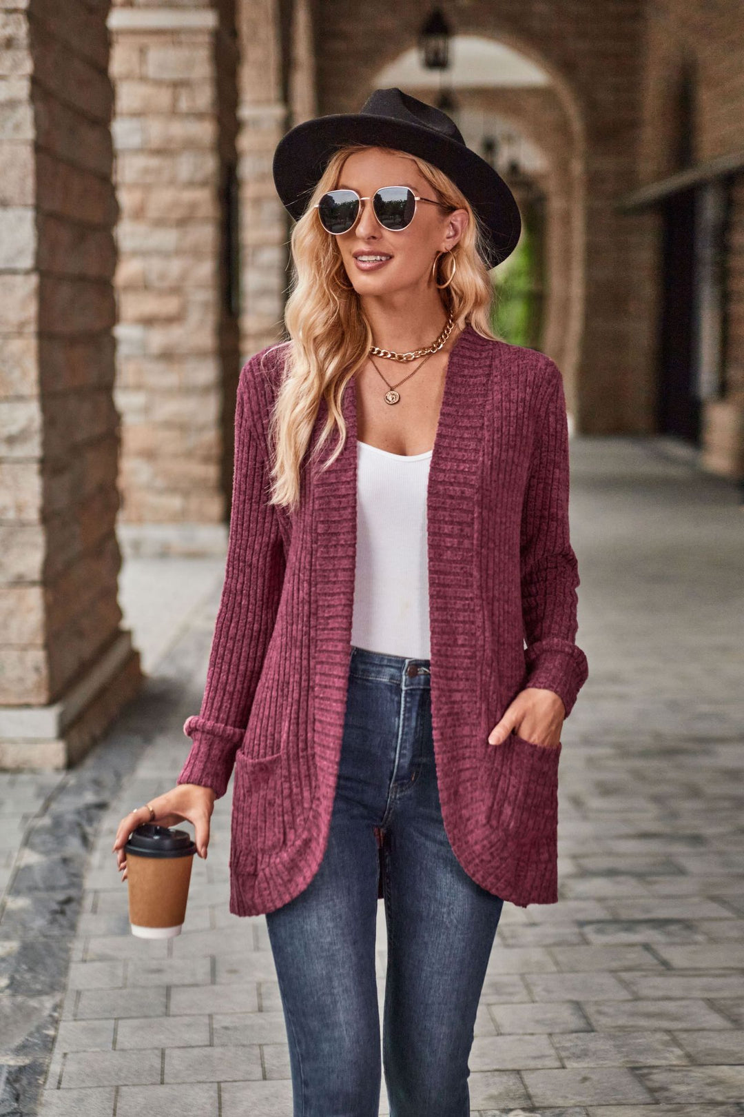 Damen nan langer gerippter Cardigan mit aufgesetzten Taschen und offener Front EB