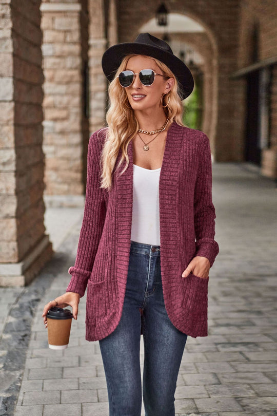 Damen nan langer gerippter Cardigan mit aufgesetzten Taschen und offener Front EB