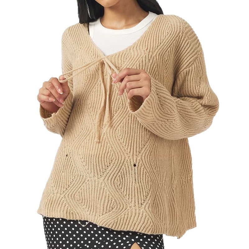 Damen Oversize Strickpullover mit V-Ausschnitt, Kordelzug und Rautenstruktur EB