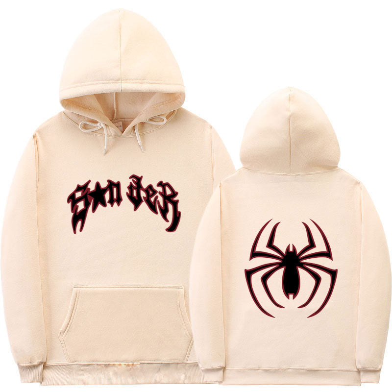 Damen Kapuzenpullover mit auffälligem Spinnenmotiv und grobem Schriftzug EB