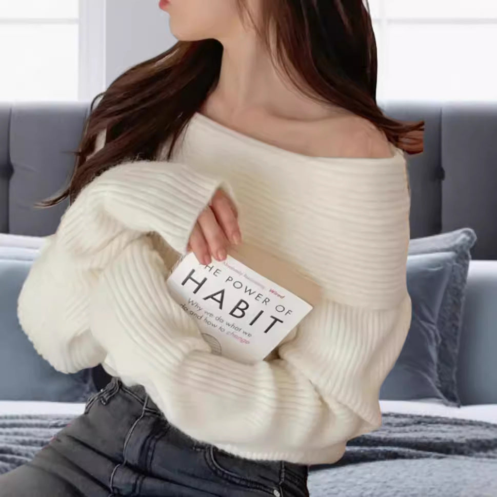 Damen Off-Shoulder Strickpullover mit elastischem Rippdesign EB