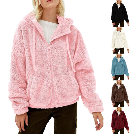 Damen Flauschige Plüschjacke mit Kapuze und Frontreißverschluss EB
