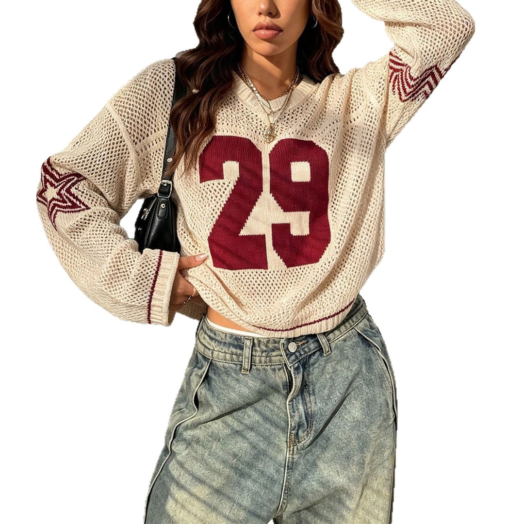 Damen Oversize Netz-Strick Cropped Pullover mit V-Ausschnitt EB