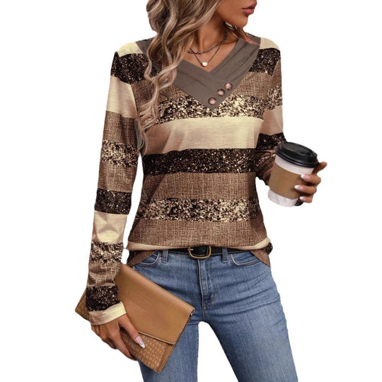 Damen modischer V-Ausschnitt Pullover mit Glitzerstreifen und Knopfdetails EB