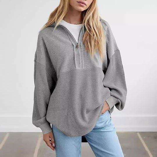Damen lässiger Kapuzenpullover mit halblangem Reißverschluss und strukturiertem Material EB