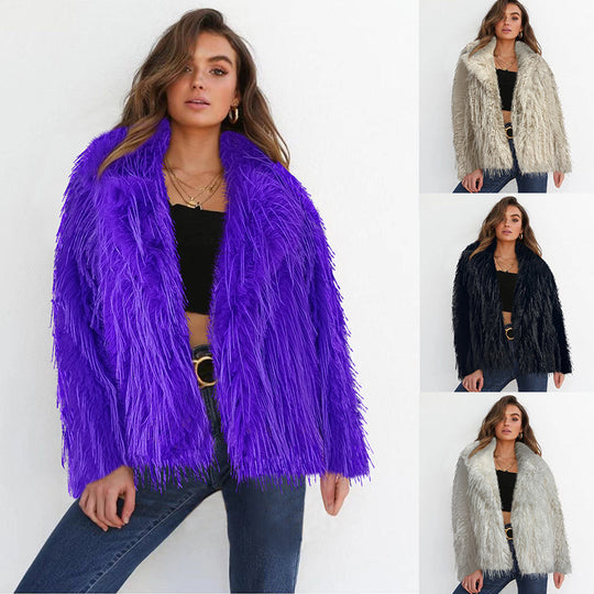 Damen Eleganter Kunstfellblazer mit breitem Kragen EB