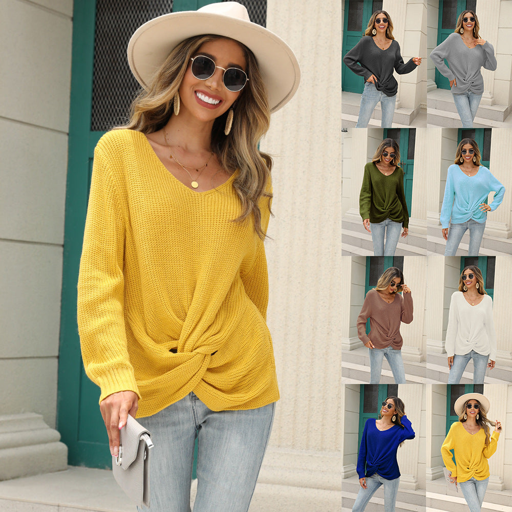 Damen lässiger V-Ausschnit Pullover mit knoten Detail EB