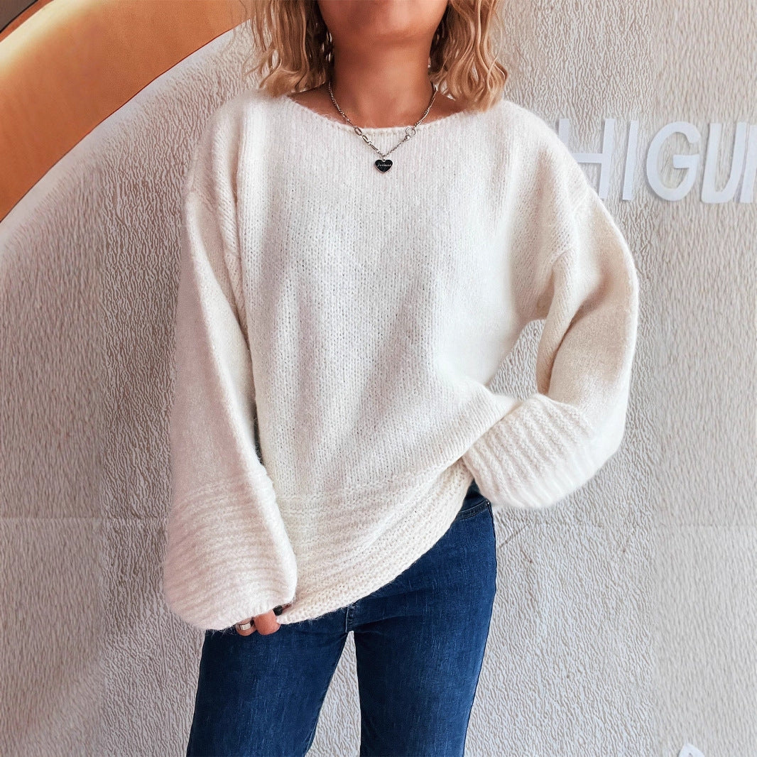 Damen kuscheliger Strickpullover mit weitem Schnitt und modischen Baumelärmeln EB