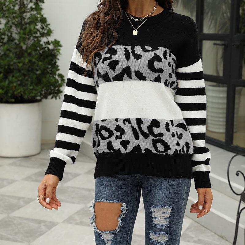 Damen modischer Pullover mit auffälligem Leopardenmuster und gestreiften Ärmeln EB