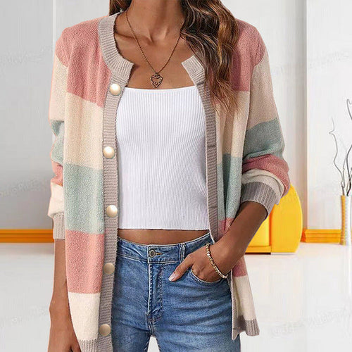 EB | Pastellfarbener Gestreifter Cardigan Polyester Stilvoll, Farblich
