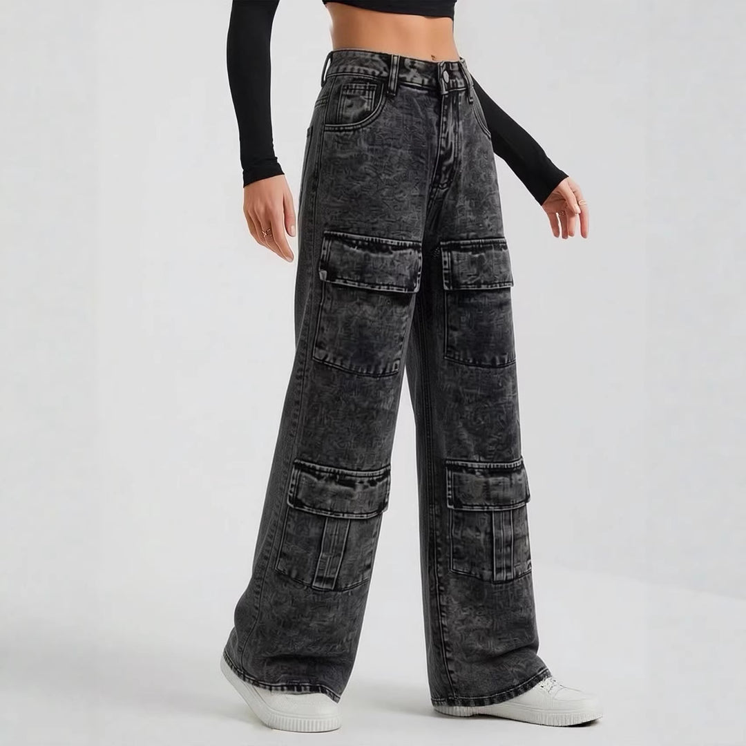 Damen nan High‑Waist Utility-Denimhose mit aufgesetzten Knie-Patches, Cargo‑Taschen und weitem Schlag EB
