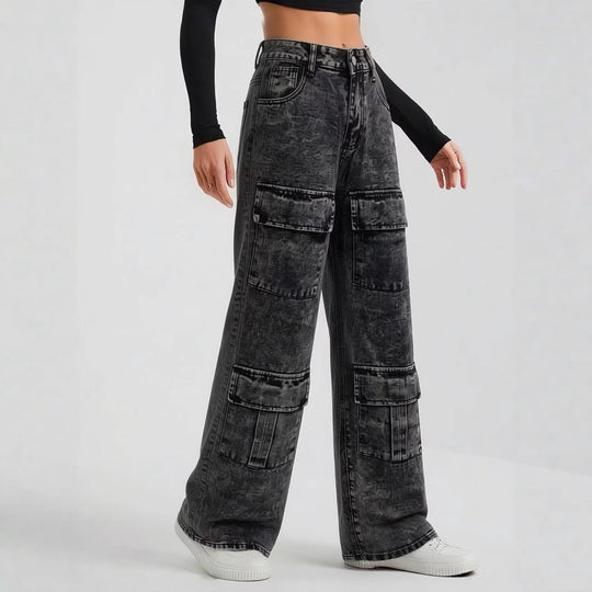 Damen nan High‑Waist Utility-Denimhose mit aufgesetzten Knie-Patches, Cargo‑Taschen und weitem Schlag EB