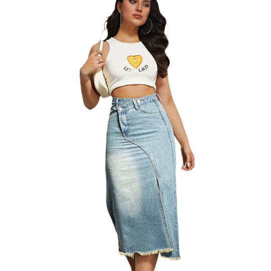 Damen Midi-Jeansrock mit hoher Taille und modischem Fransenabschluss EB