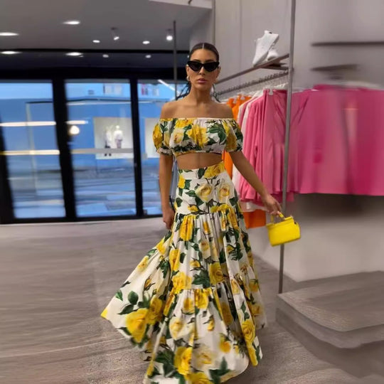 Damen Zweiteiliges Wickelkleid mit floralem Oberteil und schwingendem Rock EB
