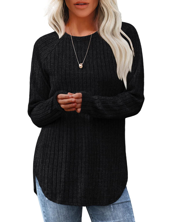 Damen lässiger Langarm Pullover mit strukturiertem Rippdesign EB