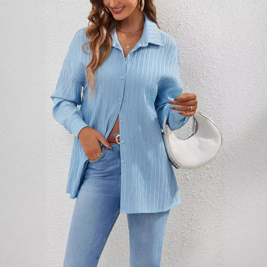 Damen lässige Hemdbluse mit Struktur und langen Ärmeln EB