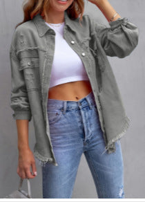 Damen Stylische Overshirt-Jacke mit fransigem Saum EB