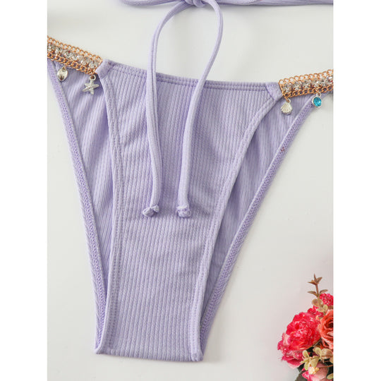 Damen Triangel-Bikini mit modischen Schmuckdetails und Bindebändern EB