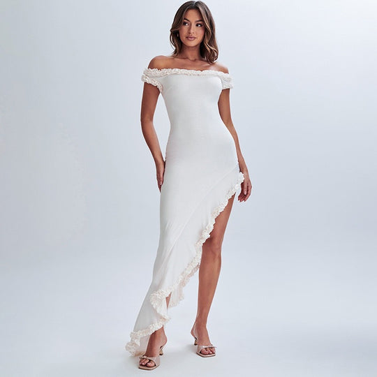 Damen Off-Shoulder Maxi-Kleid mit Rüschendetails und asymmetrischem Saum EB