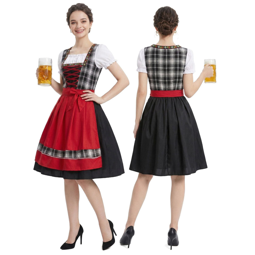 Damen nan traditionelles Trachten-Dirndl mit Schnürleiste, A-Linie Rock und Schleifen-Schürze EB