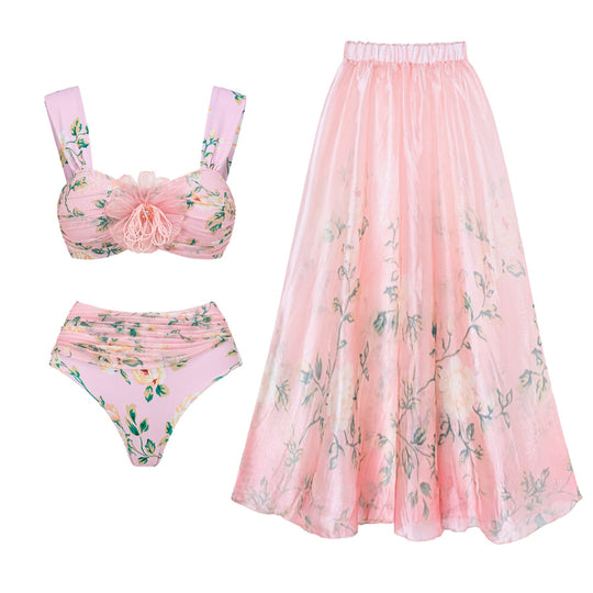 Damen Bikini-Set mit floralen Details und luftiger Maxi-Rock EB