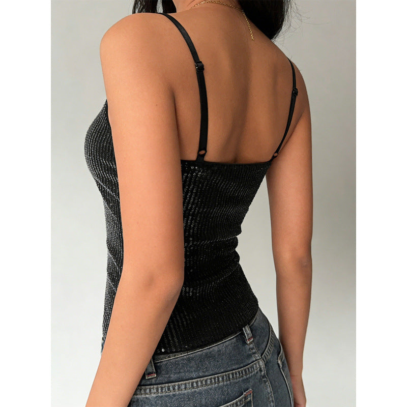 Damen Elegantes Spaghetti-Träger-Top mit Pailletten und figurbetontem Schnitt EB