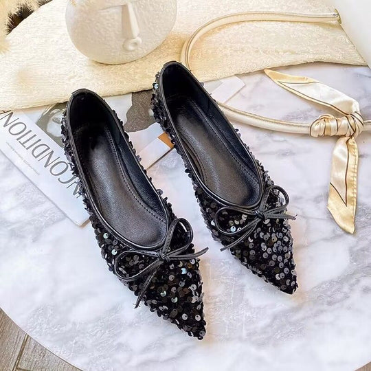 Damen funkelnde Ballerinas mit spitzem Zehenbereich und dekorativem Paillettenschmuck EB