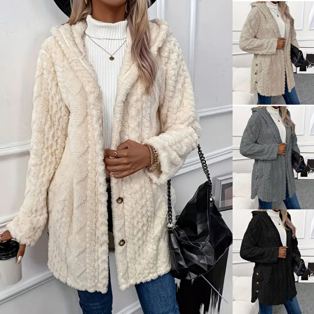 Damen nan kuschelige Teddy-Mantel mit Kapuze, Knopfleiste und Taschen EB