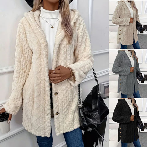 Damen nan kuschelige Teddy-Mantel mit Kapuze, Knopfleiste und Taschen EB