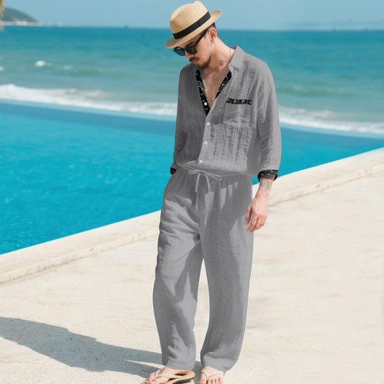 Herren Leinenoptik-Loungewear-Set mit Kordelzughose und offenem Hemdjacke EB