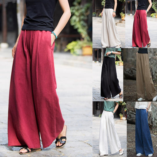 Damen weit geschnittene Leinenhose mit elastischem Bund und praktischen Taschen EB