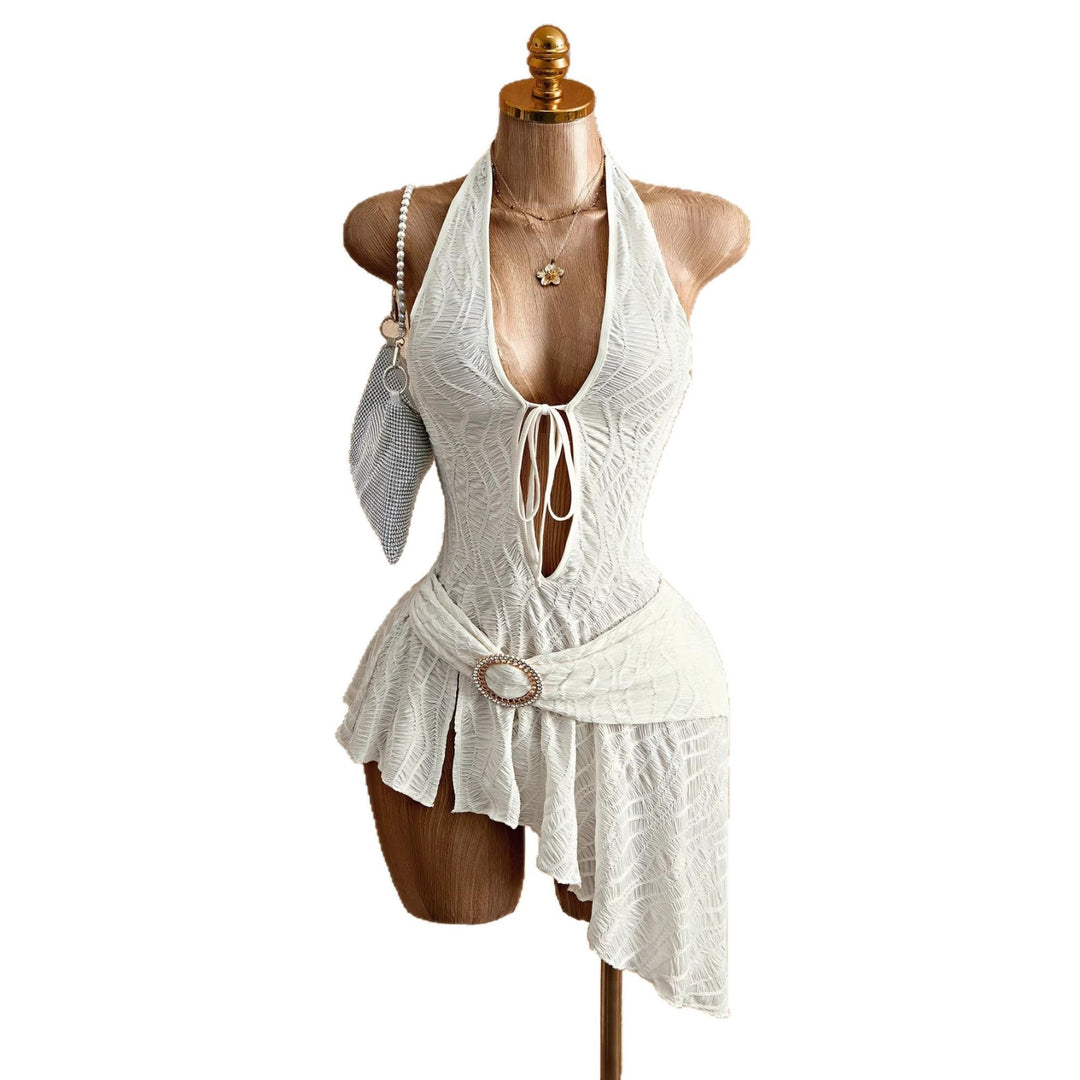 Damen nan figurbetontes Neckholder-Minikleid mit Schnürung, Cut-Out und asymmetrischem Wickelrock EB