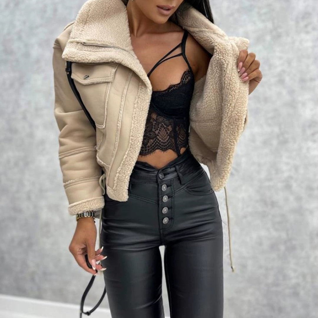 Damen cropped Bikerjacke mit Lammfell EB