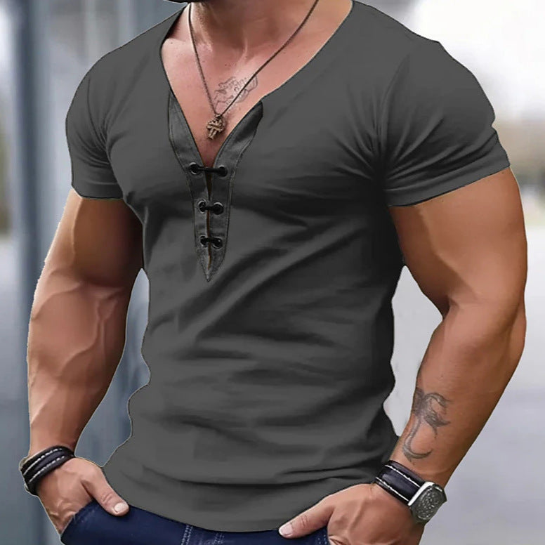 Herren trendiges V-Ausschnitt T-Shirt mit Knopfleiste EB