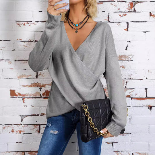 Damen Wickelpullover mit tiefem V-Ausschnitt und lässigem Schnitt EB