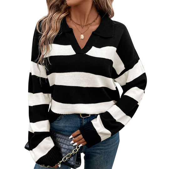Damen Strickpullover mit V-Ausschnitt und Streifenmuster EB