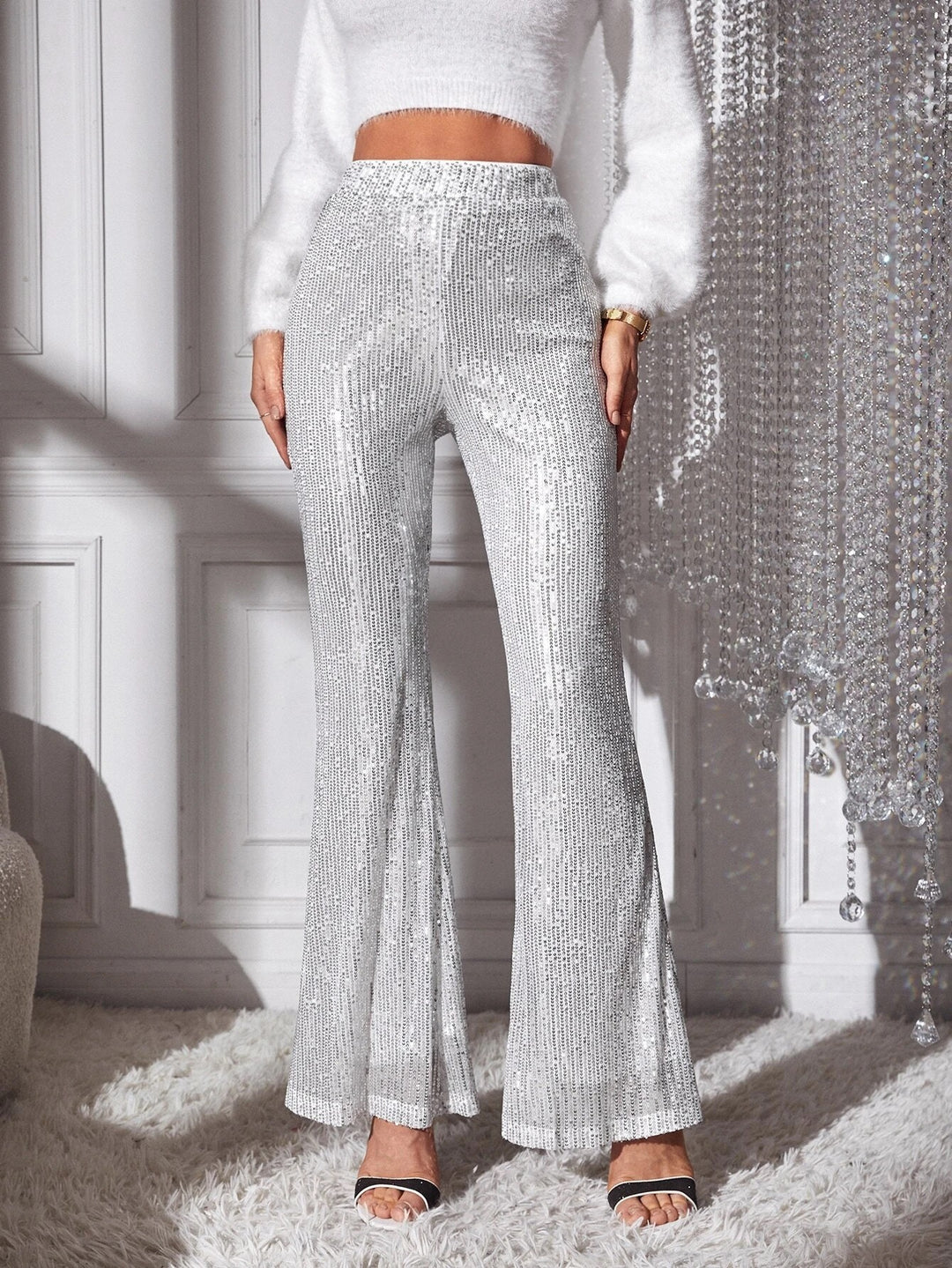 Damen Elegante Hochwasserhose mit Glitzer-Details EB