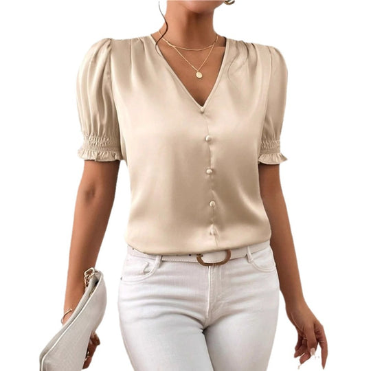 Damen Satinbluse mit Puffärmeln und eleganter Knopfleiste EB