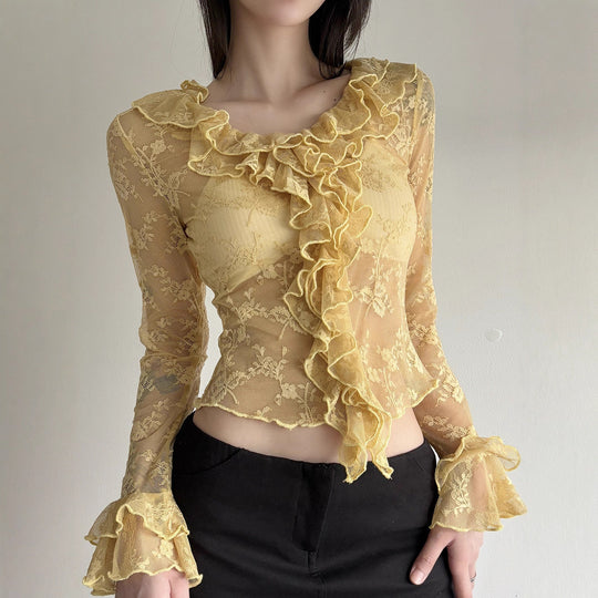 Damen Elegant verziertes Langarmoberteil aus Spitze mit Rüschen EB